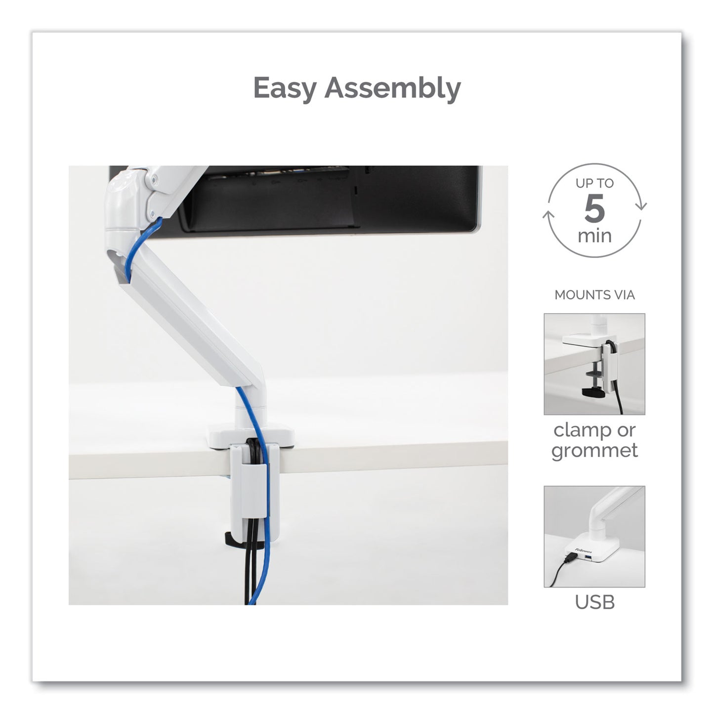 Fellowes Platinum Series Single Monitor Arm, For 27" Monitors, 360 deg Rotation, 45 deg Tilt, 180 deg Pan, White, Supports 20 lb (8056201)