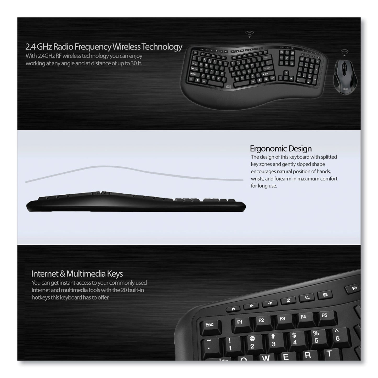 Adesso WKB1500GB Wireless Ergonomic Keyboard and Mouse, 2.4 GHz Frequency/30 ft Wireless Range, Black