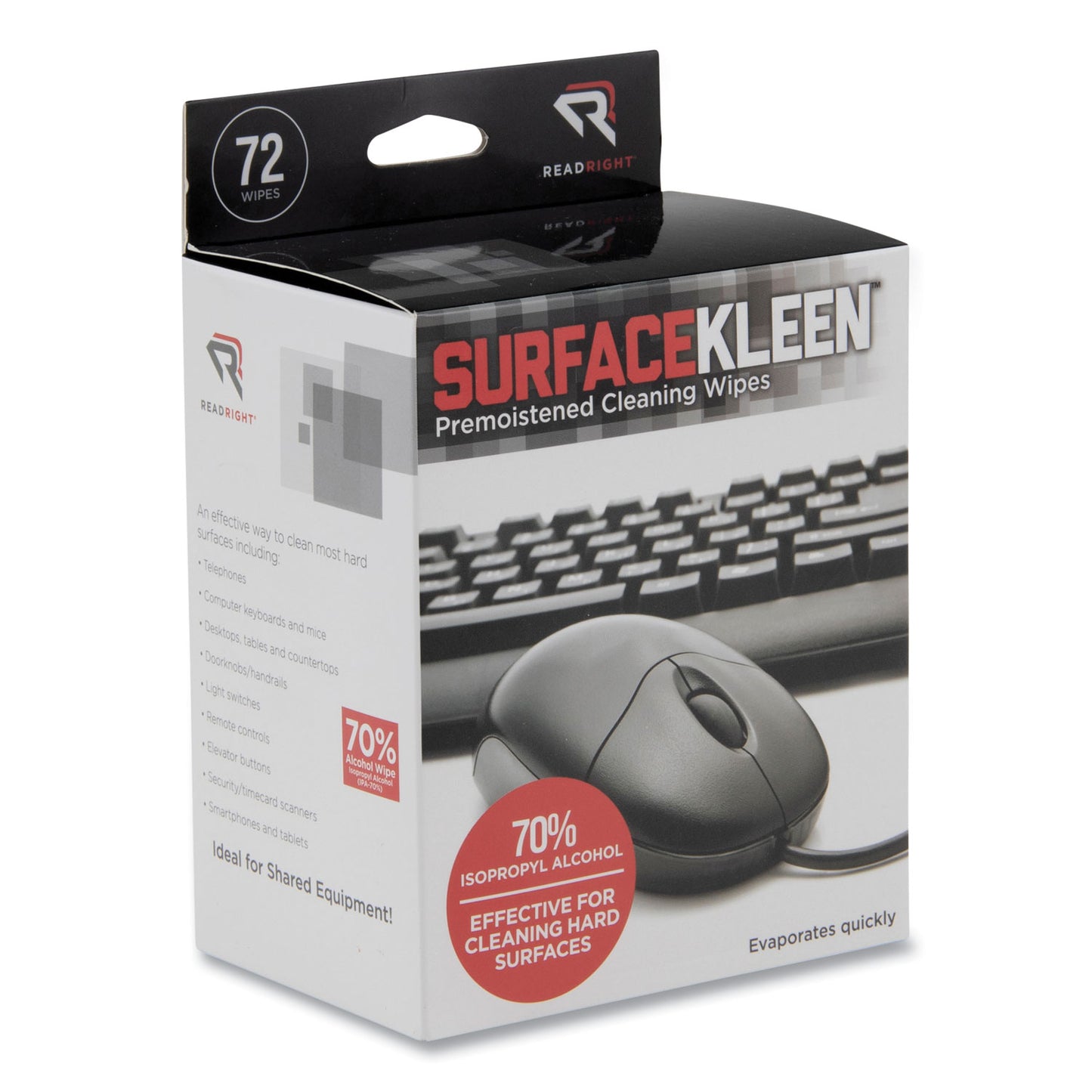 Read Right SurfaceKleen Premoistened Alcohol Cleaning Wipes, 5 x 5, Individual Foil Packets, Unscented, White, 72/Box (RR15109)