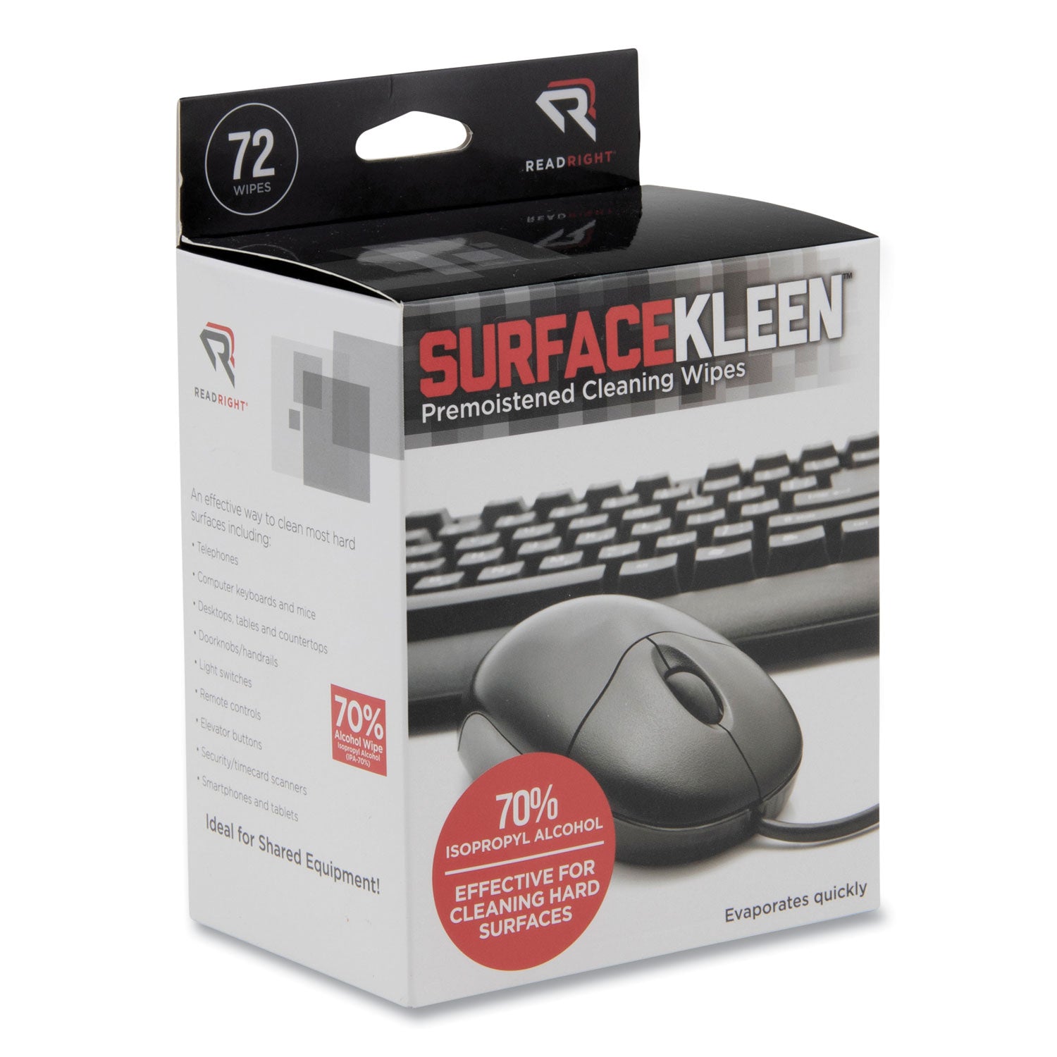 Read Right SurfaceKleen Premoistened Alcohol Cleaning Wipes, 5 x 5, Individual Foil Packets, Unscented, White, 72/Box (RR15109)