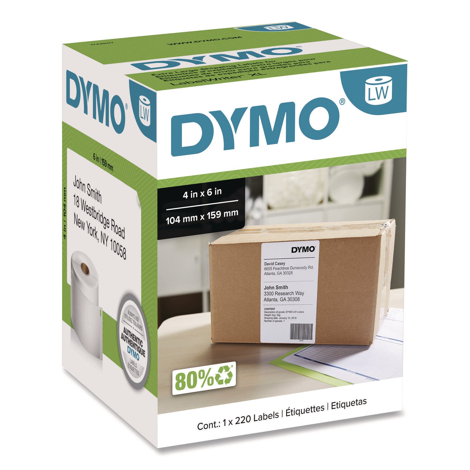 DYMO LabelWriter Shipping Labels, 4" x 6", White, 220 Labels/Roll (1744907)