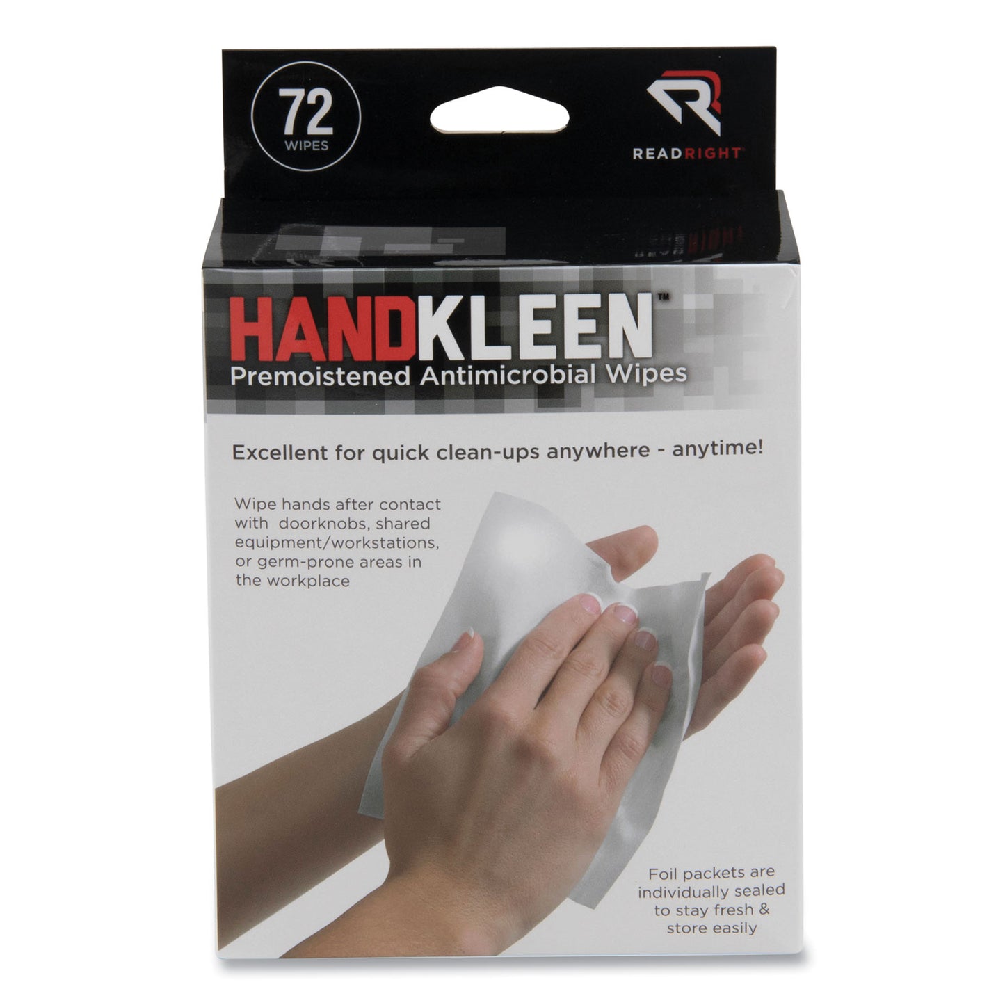 Read Right HandKleen Premoistened Antibacterial Wipes, 7 x 5, Foil Packet, Unscented, White, 72/Box (RR15112)