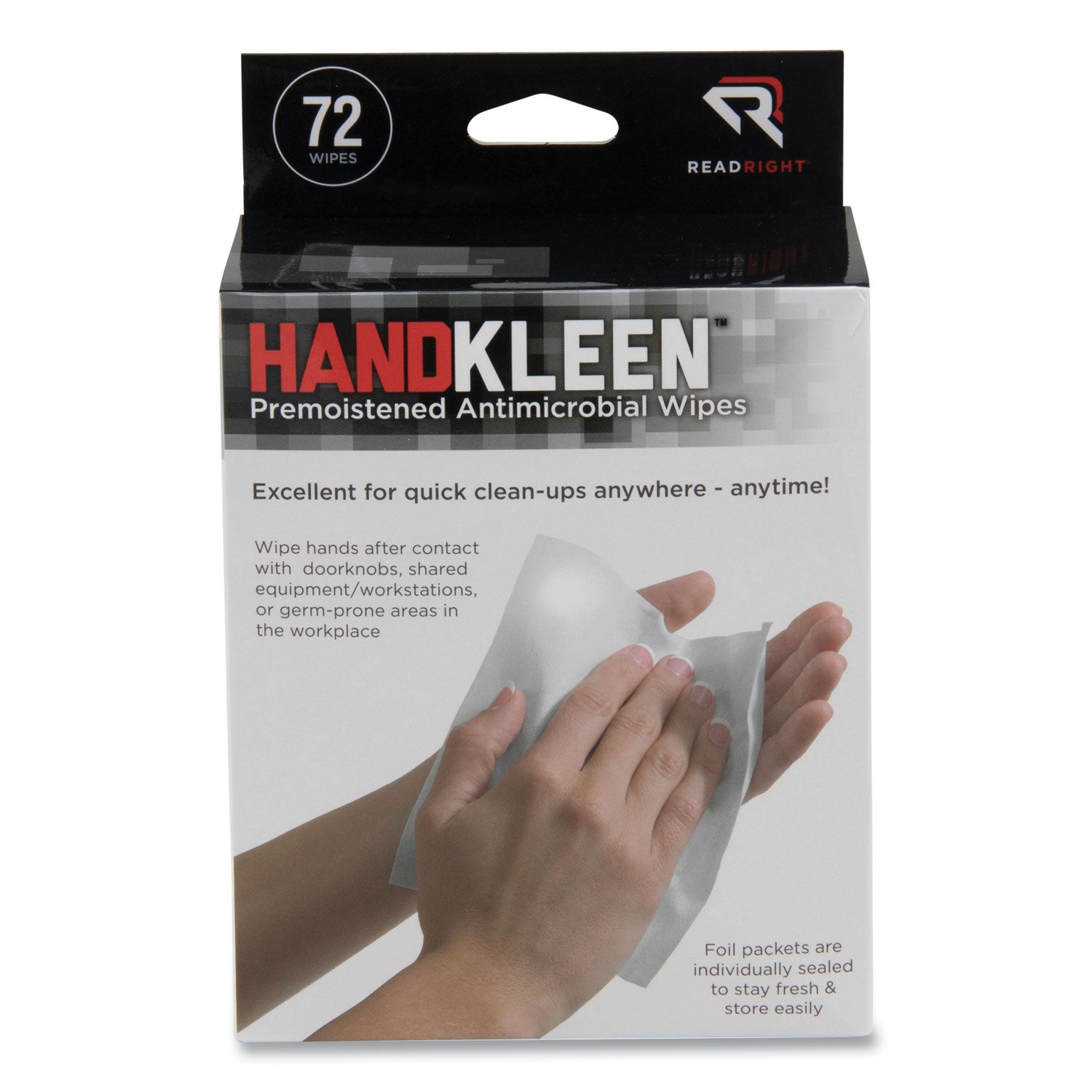 Read Right HandKleen Premoistened Antibacterial Wipes, 7 x 5, Foil Packet, Unscented, White, 72/Box (RR15112)