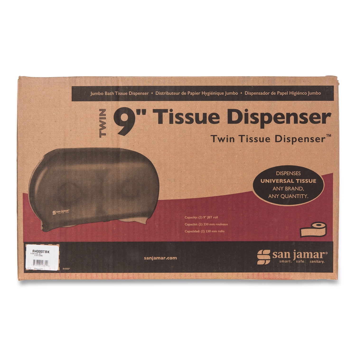 San Jamar Twin 9" Jumbo Tissue Dispenser, Classic, 19 x 5.25 x 12, Transparent Black Pearl (R4000TBK)