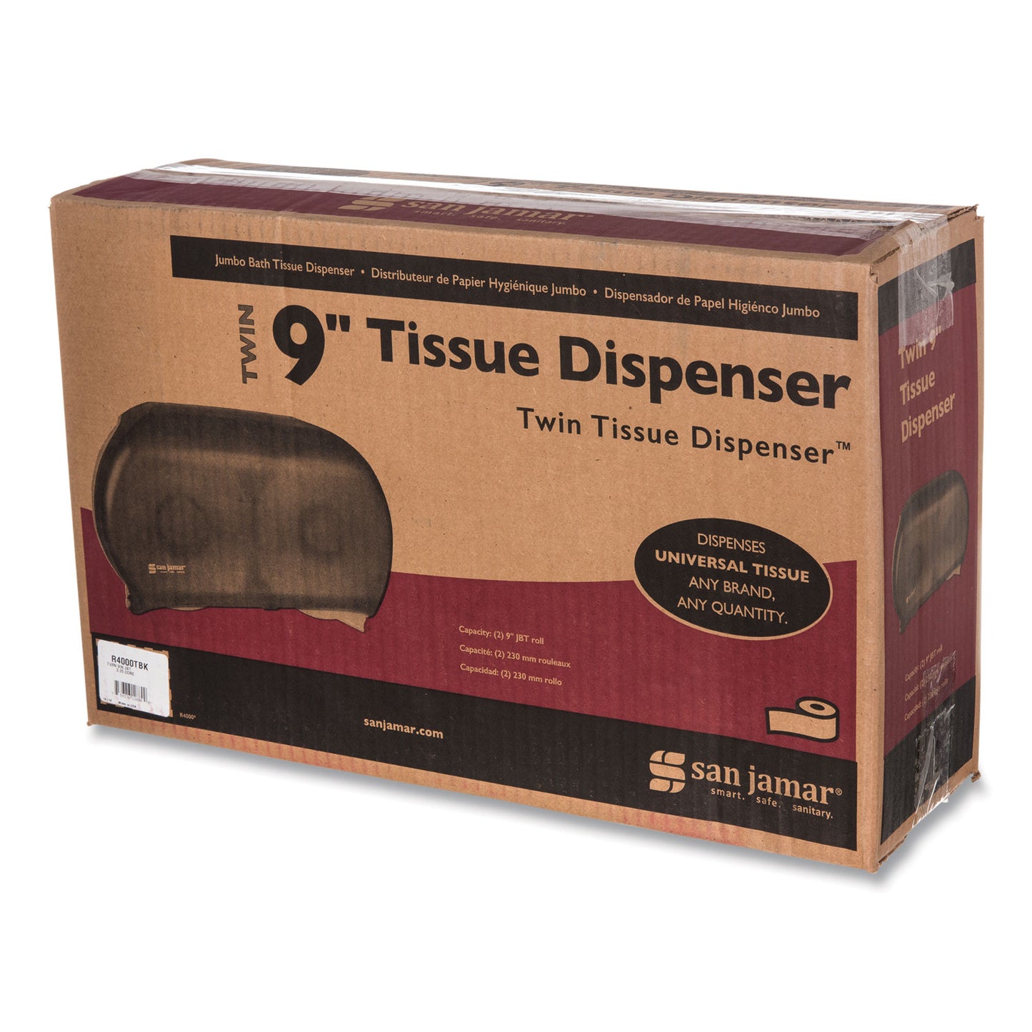 San Jamar Twin 9" Jumbo Tissue Dispenser, Classic, 19 x 5.25 x 12, Transparent Black Pearl (R4000TBK)
