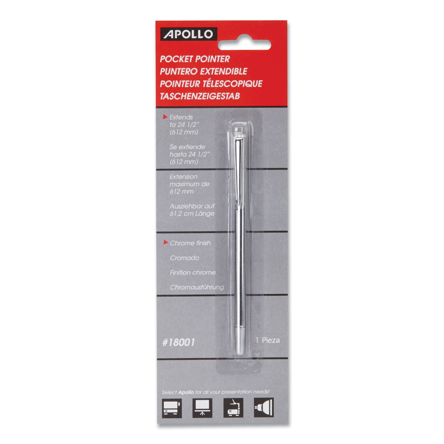 Apollo Slimline Pen-Size Pocket Pointer with Clip, Extends to 24.5", Silver (18001)