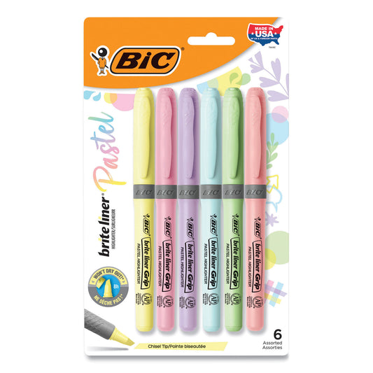 BIC Brite Liner Grip Pocket Highlighter, Assorted Ink Colors, Chisel Tip, Assorted Barrel Colors, 6/Pack (GBLDP61AST)