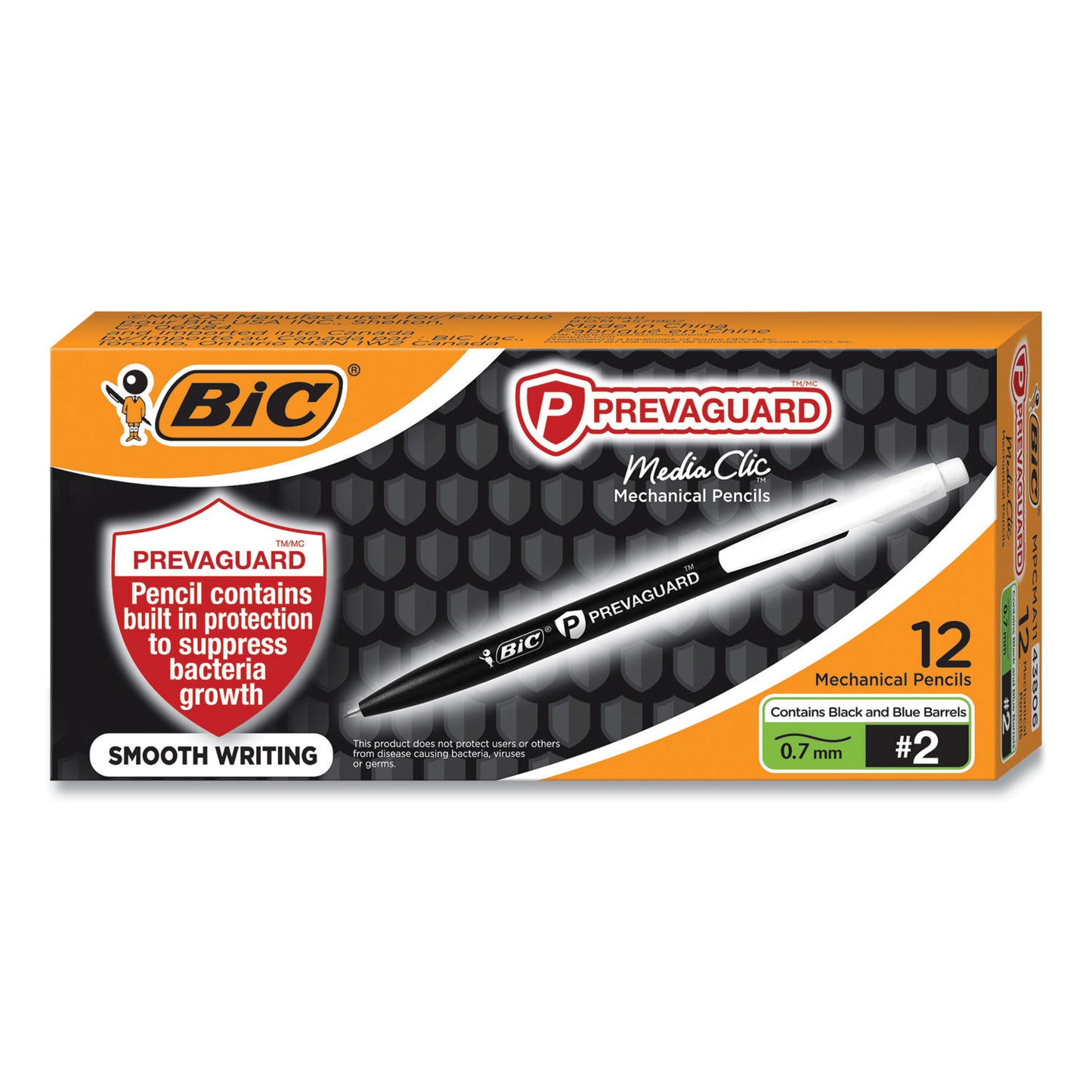 BIC PrevaGuard Media Clic Mechanical Pencils, 0.7 mm, HB (#2), Black Lead, 6 Black Barrel/6 Blue Barrel, Dozen (MPCMA11)