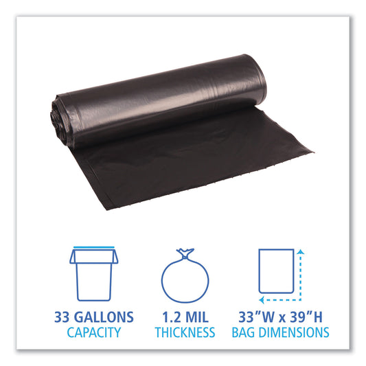 Boardwalk Recycled Low-Density Polyethylene Can Liners, 33 gal, 1.2 mil, 33" x 39", Black, Perforated, 10 Bags/Roll, 10 Rolls/Carton (516)