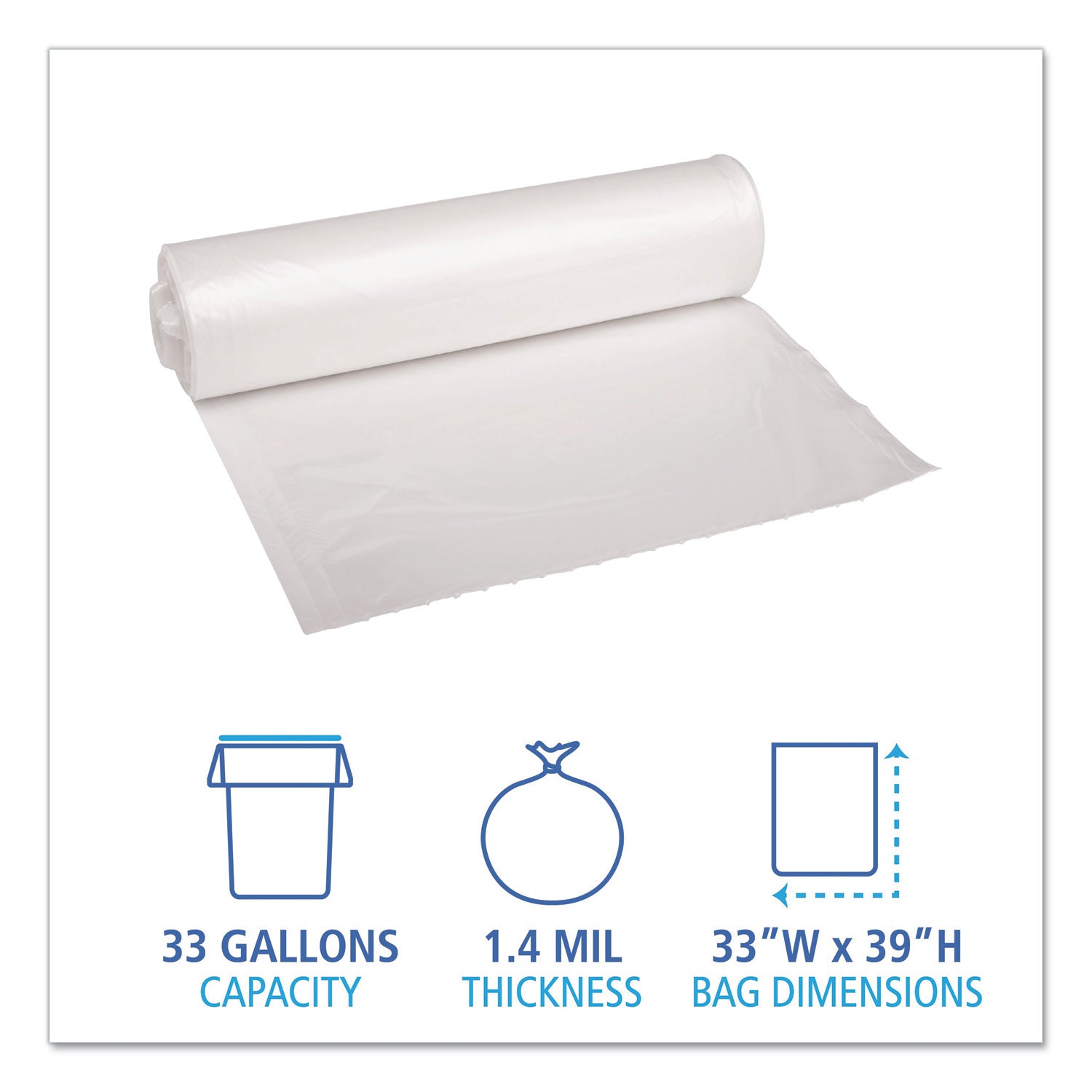 Boardwalk Recycled Low-Density Polyethylene Can Liners, 33 gal, 1.4 mil, 33" x 39", Clear, Perforated, 10 Bags/Roll, 10 Rolls/Carton (534)