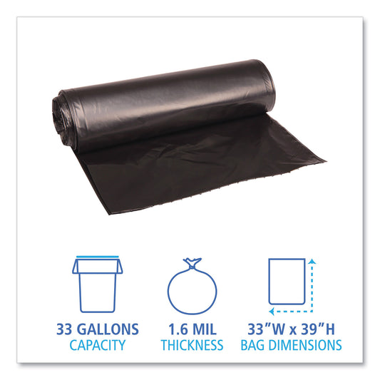 Boardwalk Recycled Low-Density Polyethylene Can Liners, 33 gal, 1.6 mil, 33" x 39", Black, Perforated, 10 Bags/Roll, 10 Rolls/Carton (520)