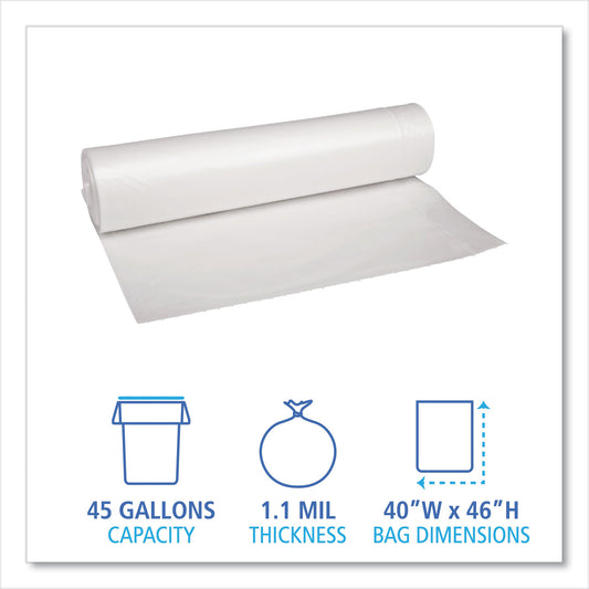 Boardwalk Recycled Low-Density Polyethylene Can Liners, 45 gal, 1.1 mil, 40" x 46", Clear, Perforated, 10 Bags/Roll, 10 Rolls/Carton (531)