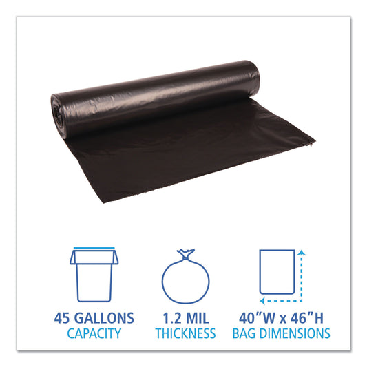 Boardwalk Recycled Low-Density Polyethylene Can Liners, 45 gal, 1.2 mil, 40" x 46", Black, Perforated, 10 Bags/Roll, 10 Rolls/Carton (517)