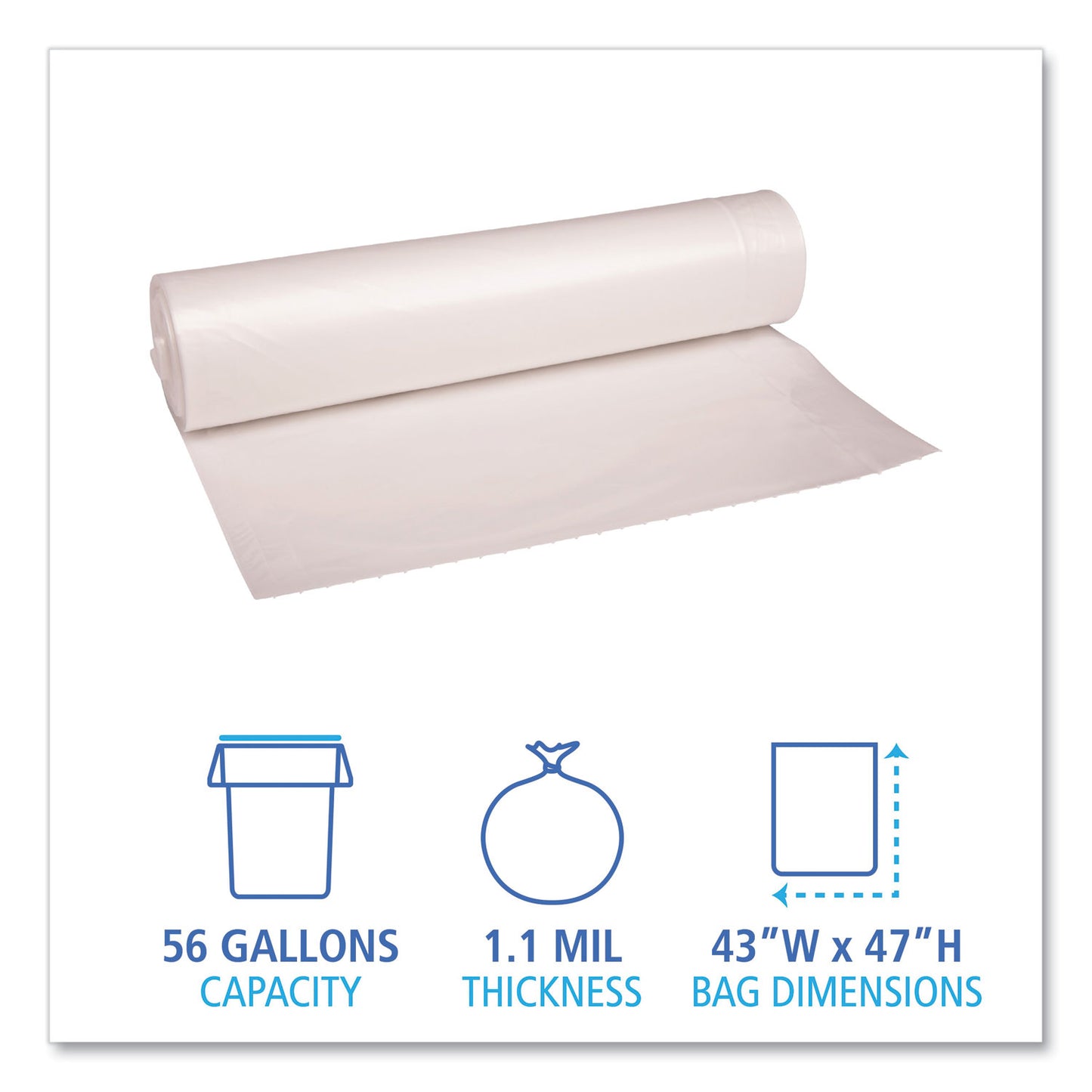 Boardwalk Recycled Low-Density Polyethylene Can Liners, 56 gal, 1.1 mil, 43" x 47", Clear, Perforated, 10 Bags/Roll, 10 Rolls/Carton (532)