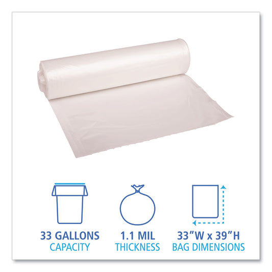 Boardwalk Recycled Low-Density Polyethylene Can Liners, 33 gal, 1.1 mil, 33" x 39", Clear, Perforated, 10 Bags/Roll, 10 Rolls/Carton (530)