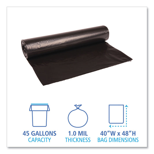 Boardwalk Recycled Low-Density Polyethylene Can Liners, 45 gal, 0.8 mil, 40" x 48", Black, Perforated, 10 Bags/Roll, 10 Rolls/Carton (527)