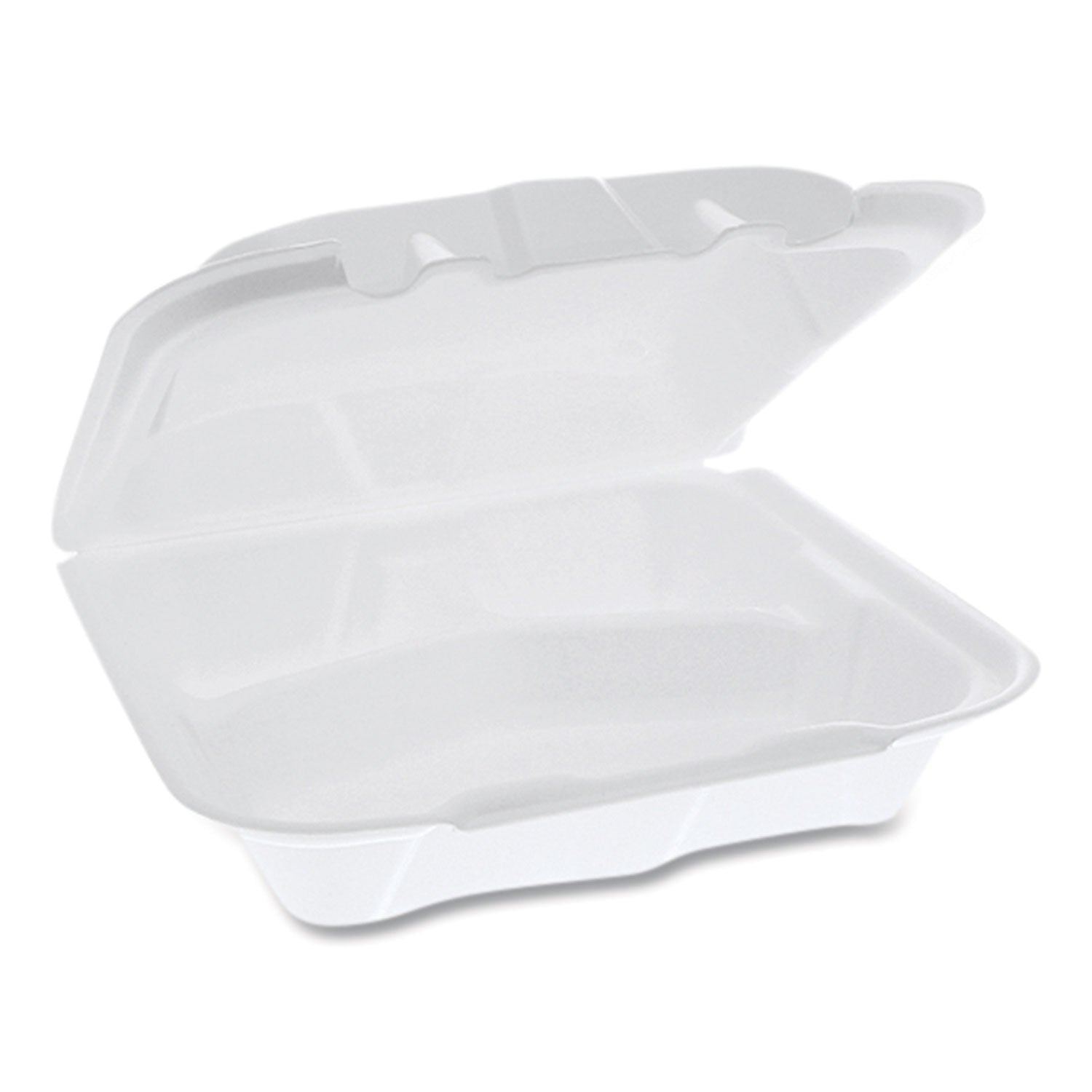 Pactiv Vented Foam Hinged Lid Container, Dual Tab Lock, 3-Compartment, 8.42 x 8.15 x 3, White, 150/Carton (YTD188030000)