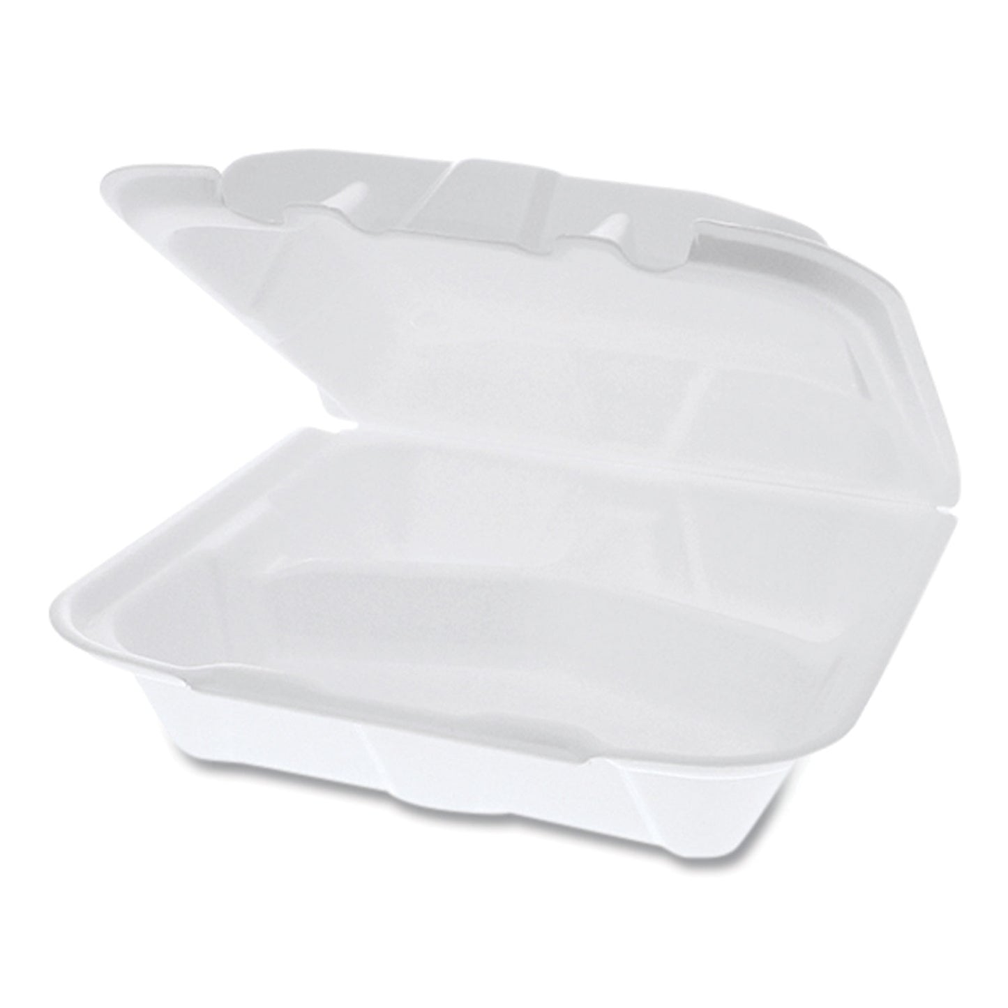 Pactiv Vented Foam Hinged Lid Container, Dual Tab Lock, 3-Compartment, 8.42 x 8.15 x 3, White, 150/Carton (YTD188030000)