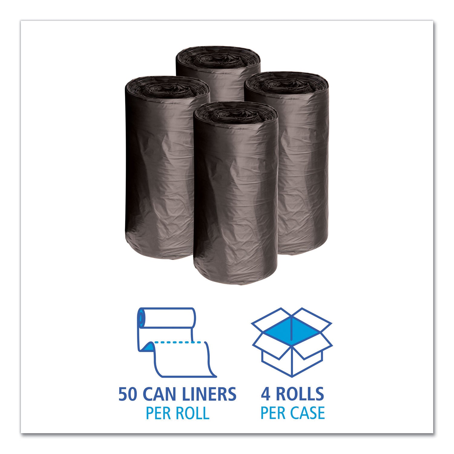 Boardwalk Low-Density Waste Can Liners, 10 gal, 0.35 mil, 24" x 23", Black, Perforated Roll, 50 Bags/Roll, 10 Rolls/Carton (2423L)