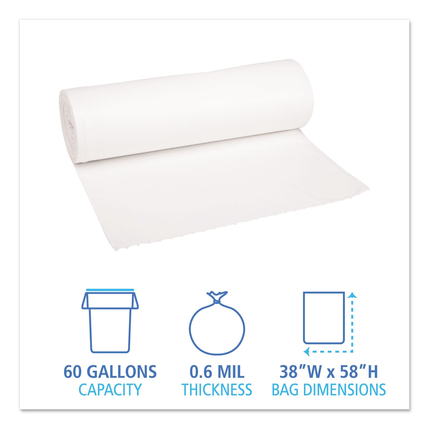 Boardwalk Low-Density Waste Can Liners, 60 gal, 0.6 mil, 38" x 58", White, Perforated Roll, 25 Bags/Roll, 4 Rolls/Carton (3858EXH)
