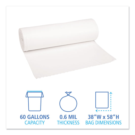 Boardwalk Low-Density Waste Can Liners, 60 gal, 0.6 mil, 38" x 58", White, Perforated Roll, 25 Bags/Roll, 4 Rolls/Carton (3858EXH)