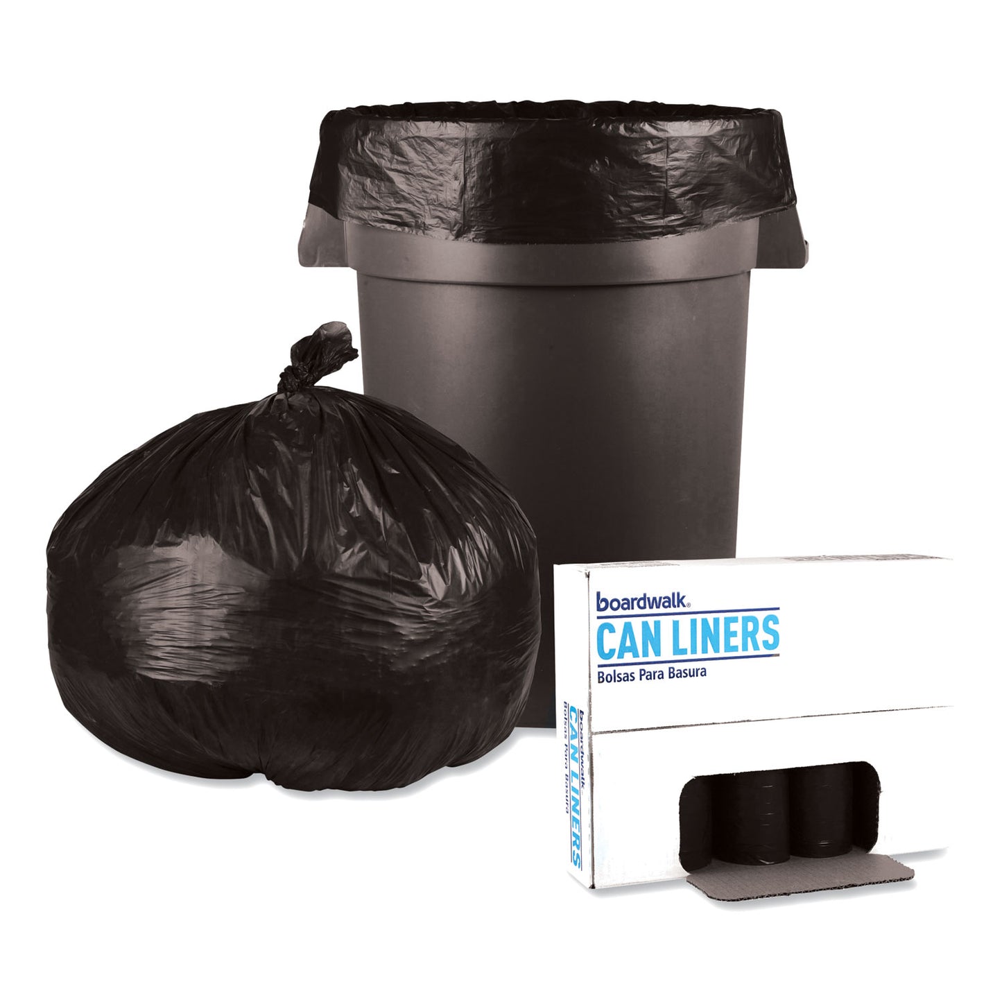 Boardwalk Low-Density Waste Can Liners, 60 gal, 0.65 mil, 38" x 58", Black, Perforated Roll, 25 Bags/Roll, 4 Rolls/Carton (3858H)