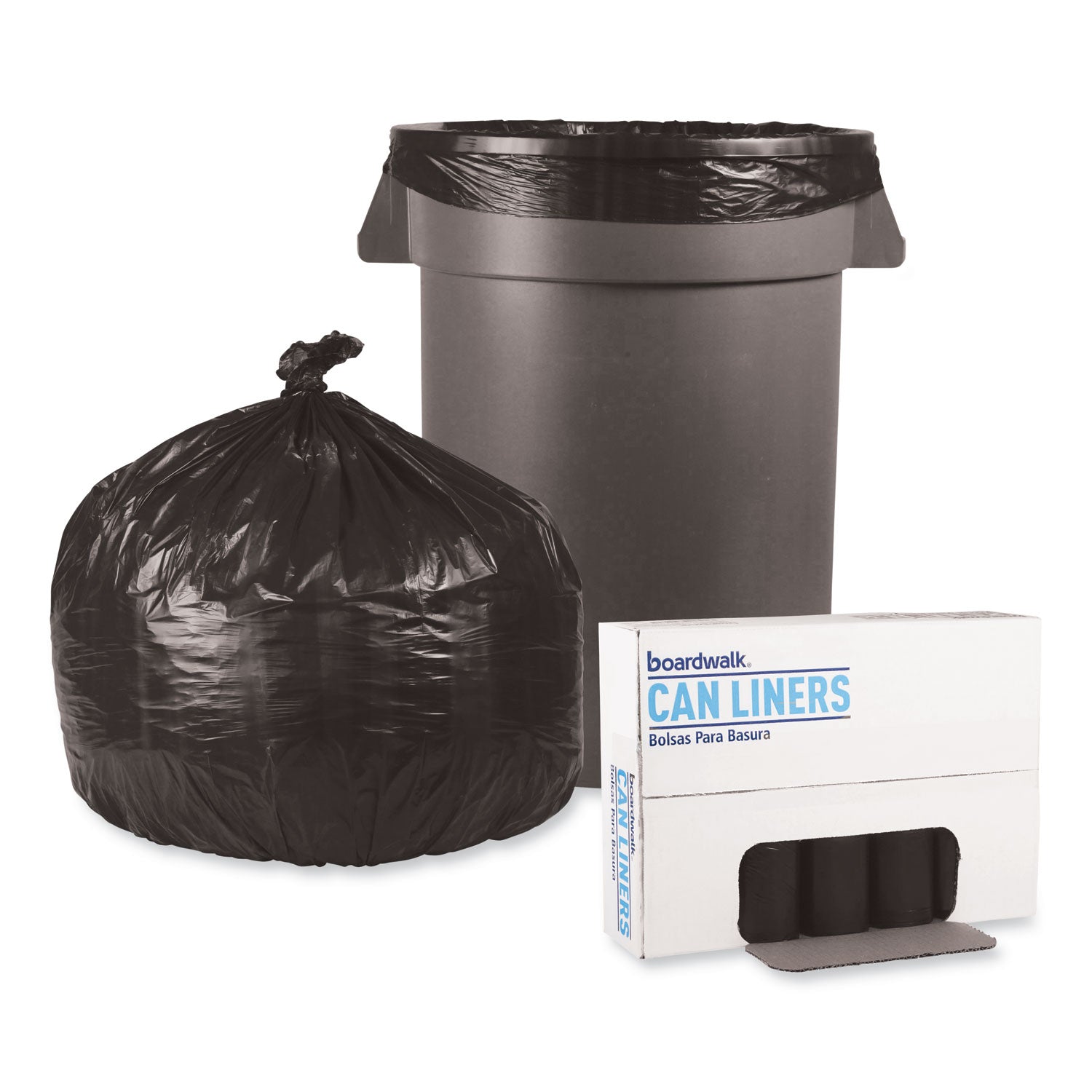 Boardwalk Low-Density Waste Can Liners, 33 gal, 0.5 mil, 33" x 39", Black, Perforated Roll, 25 Bags/Roll, 8 Rolls/Carton (3339H)