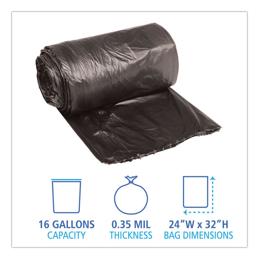 Boardwalk Low-Density Waste Can Liners, 16 gal, 0.35 mil, 24" x 32", Black, Perforated Roll, 50 Bags/Roll, 10 Rolls/Carton (2432L)