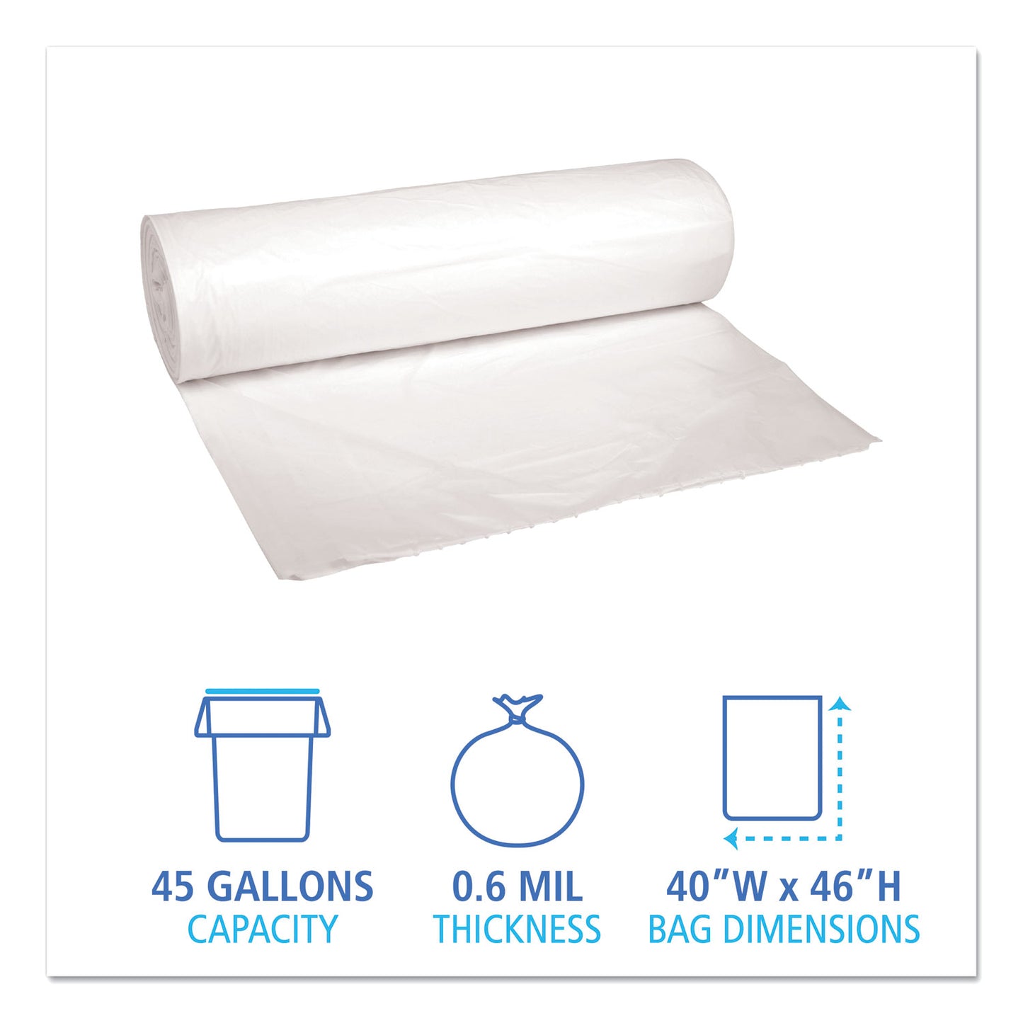 Boardwalk Low-Density Waste Can Liners, 45 gal, 0.6 mil, 40" x 46", White, Perforated Roll, 25 Bags/Roll, 4 Rolls/Carton (4046EXH)