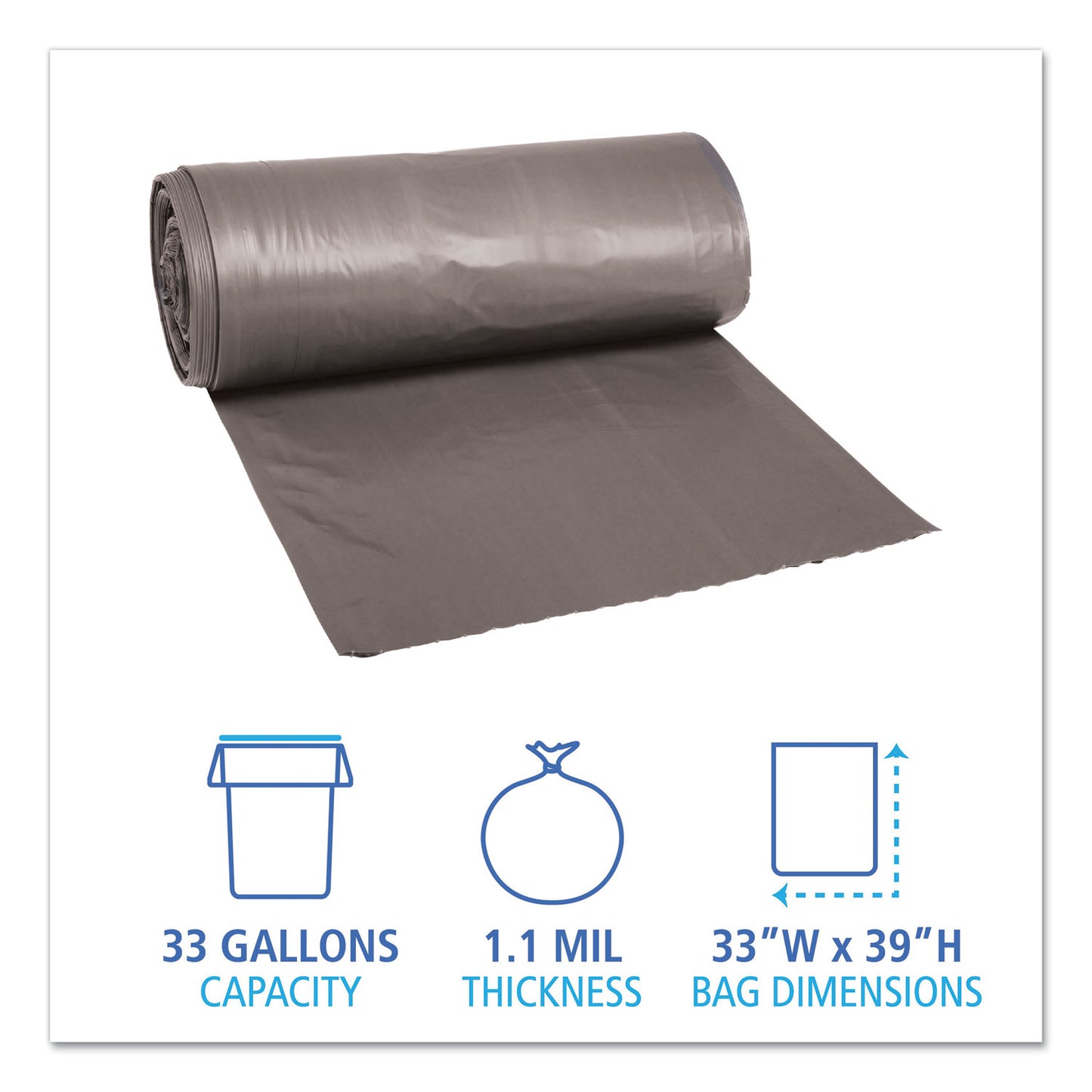 Boardwalk Low-Density Waste Can Liners, 33 gal, 1.1 mil, 33" x 39", Gray, Perforated Roll, 25 Bags/Roll, 4 Rolls/Carton (3339SEH)