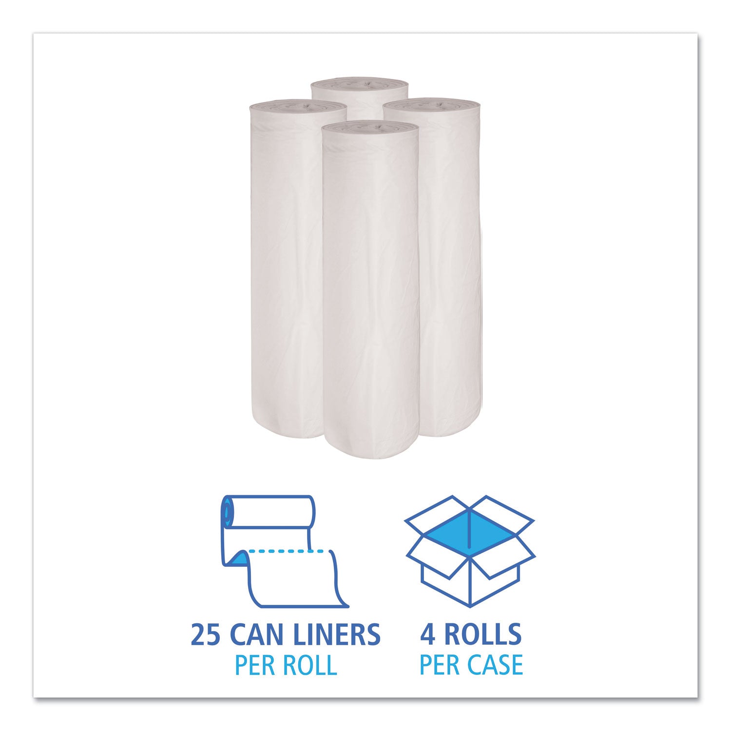 Boardwalk Low-Density Waste Can Liners, 45 gal, 0.6 mil, 40" x 46", White, Perforated Roll, 25 Bags/Roll, 4 Rolls/Carton (4046EXH)