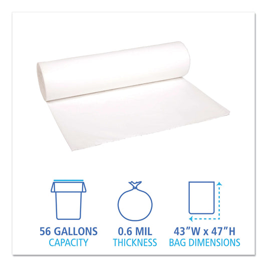 Boardwalk Low-Density Waste Can Liners, 56 gal, 0.6 mil, 43" x 47", White, Perforated Roll, 25 Bags/Roll, 4 Rolls/Carton (4347EXH)