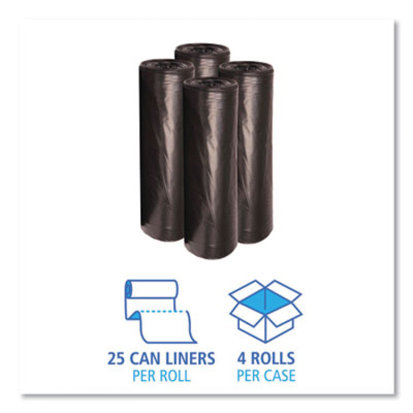 Low-Density Waste Can Liners, 45 gal, 0.6 mil, 40" x 46", Black, Perforated Roll, 25 Bags/Roll, 4 Rolls/Carton