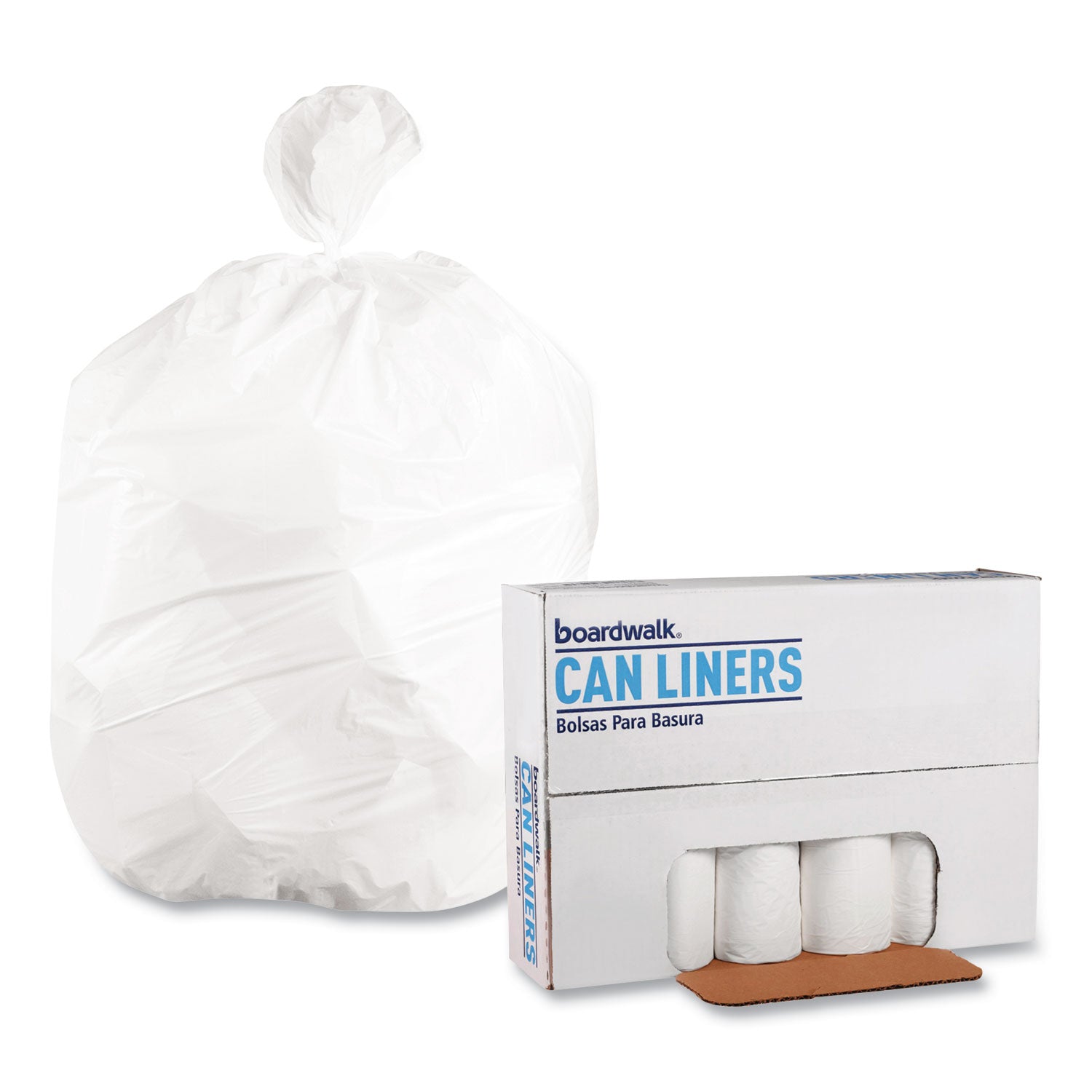 Boardwalk Low-Density Waste Can Liners, 60 gal, 0.6 mil, 38" x 58", White, Perforated Roll, 25 Bags/Roll, 4 Rolls/Carton (3858EXH)