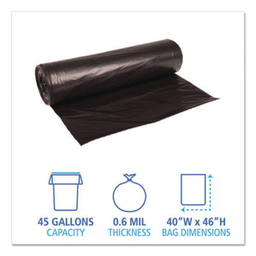 Low-Density Waste Can Liners, 45 gal, 0.6 mil, 40" x 46", Black, Perforated Roll, 25 Bags/Roll, 4 Rolls/Carton
