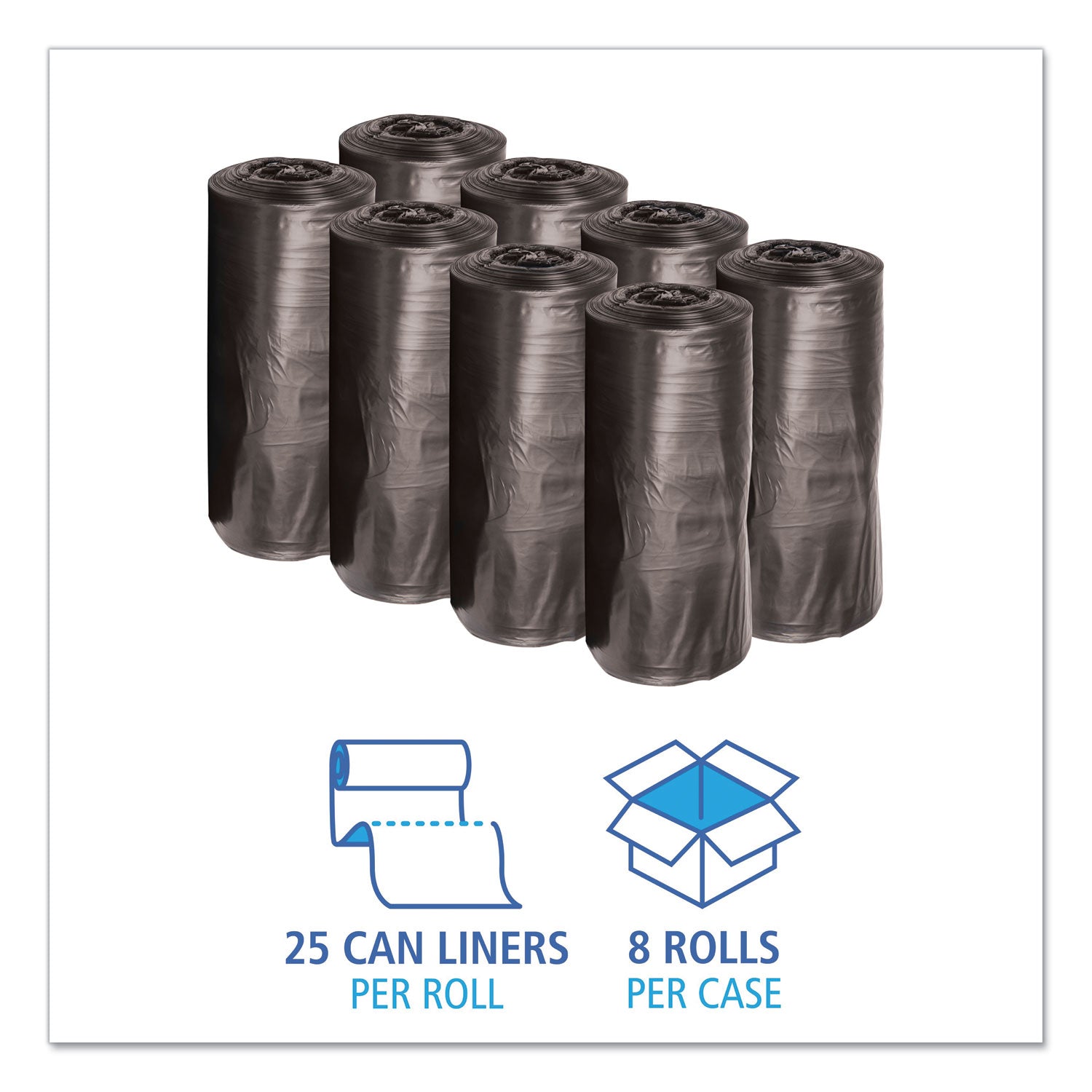 Boardwalk Low-Density Waste Can Liners, 33 gal, 0.5 mil, 33" x 39", Black, Perforated Roll, 25 Bags/Roll, 8 Rolls/Carton (3339H)