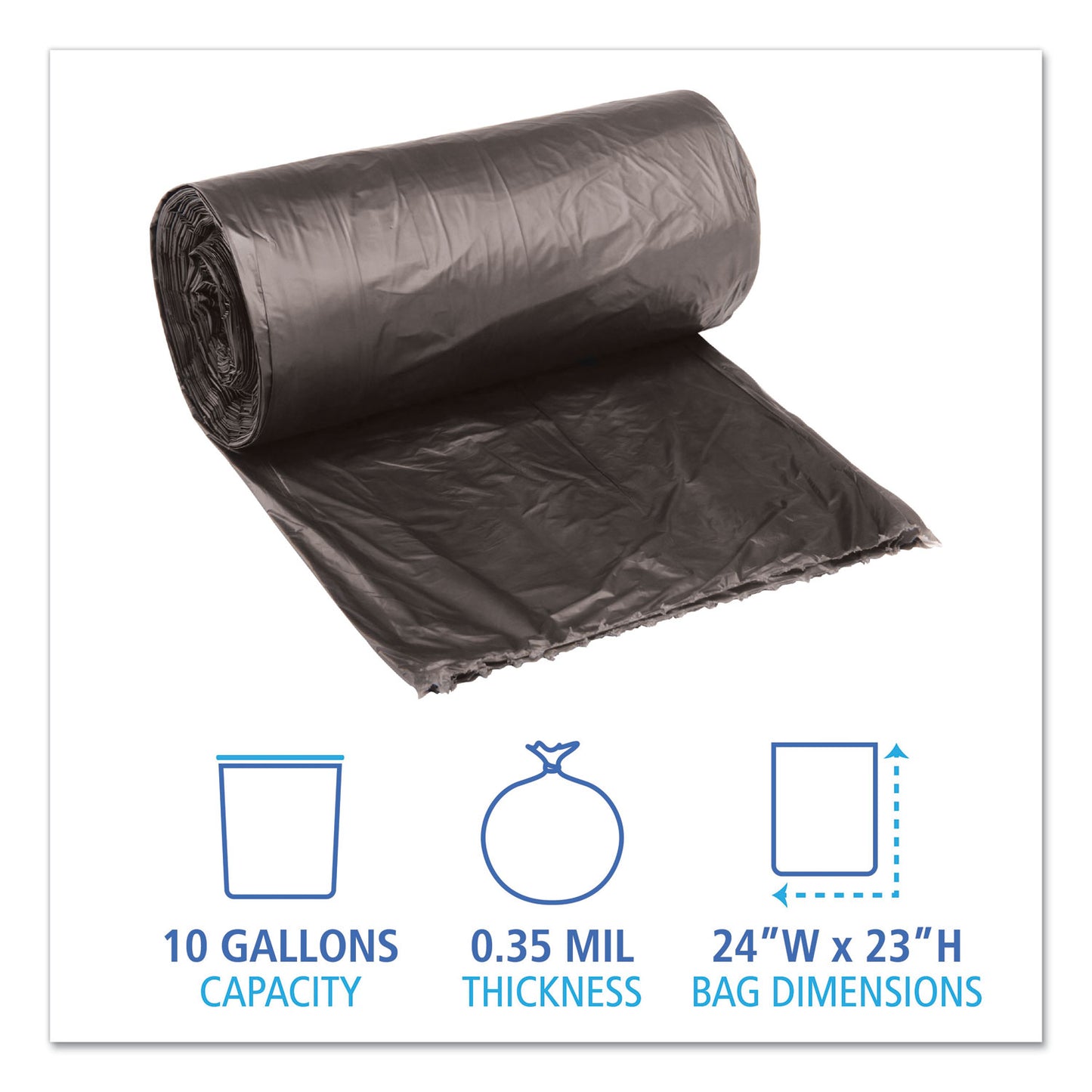 Boardwalk Low-Density Waste Can Liners, 10 gal, 0.35 mil, 24" x 23", Black, Perforated Roll, 50 Bags/Roll, 10 Rolls/Carton (2423L)