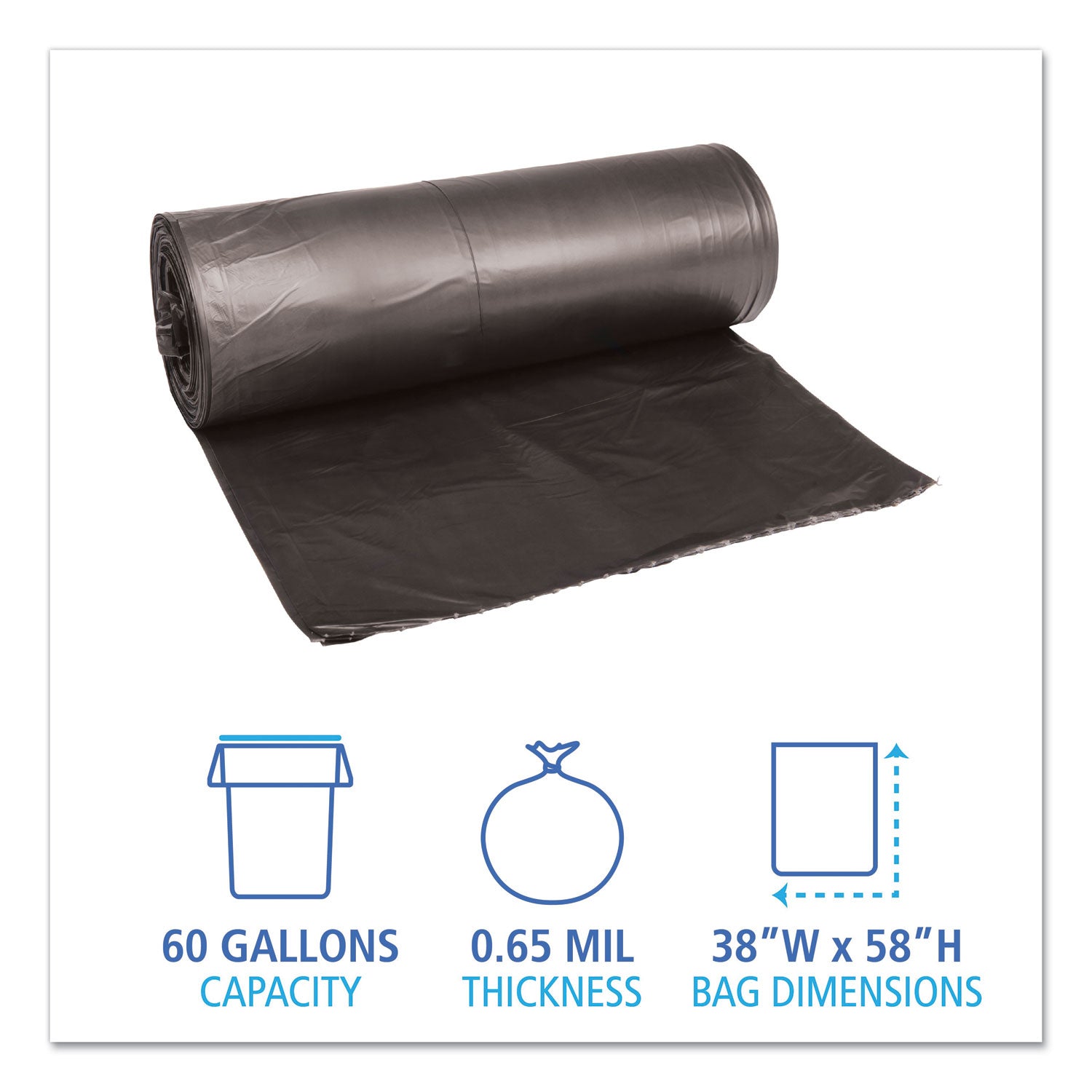 Boardwalk Low-Density Waste Can Liners, 60 gal, 0.65 mil, 38" x 58", Black, Perforated Roll, 25 Bags/Roll, 4 Rolls/Carton (3858H)