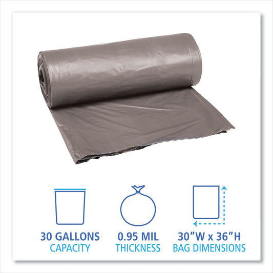 Boardwalk Low-Density Waste Can Liners, 30 gal, 0.95 mil, 30" x 36", Gray, Perforated Roll, 25 Bags/Roll, 4 Rolls/Carton (3036SH)