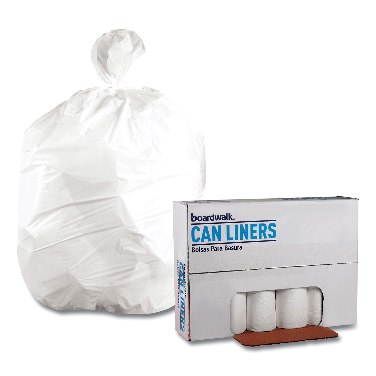 Boardwalk Low-Density Waste Can Liners, 45 gal, 0.6 mil, 40" x 46", White, Perforated Roll, 25 Bags/Roll, 4 Rolls/Carton (4046EXH)