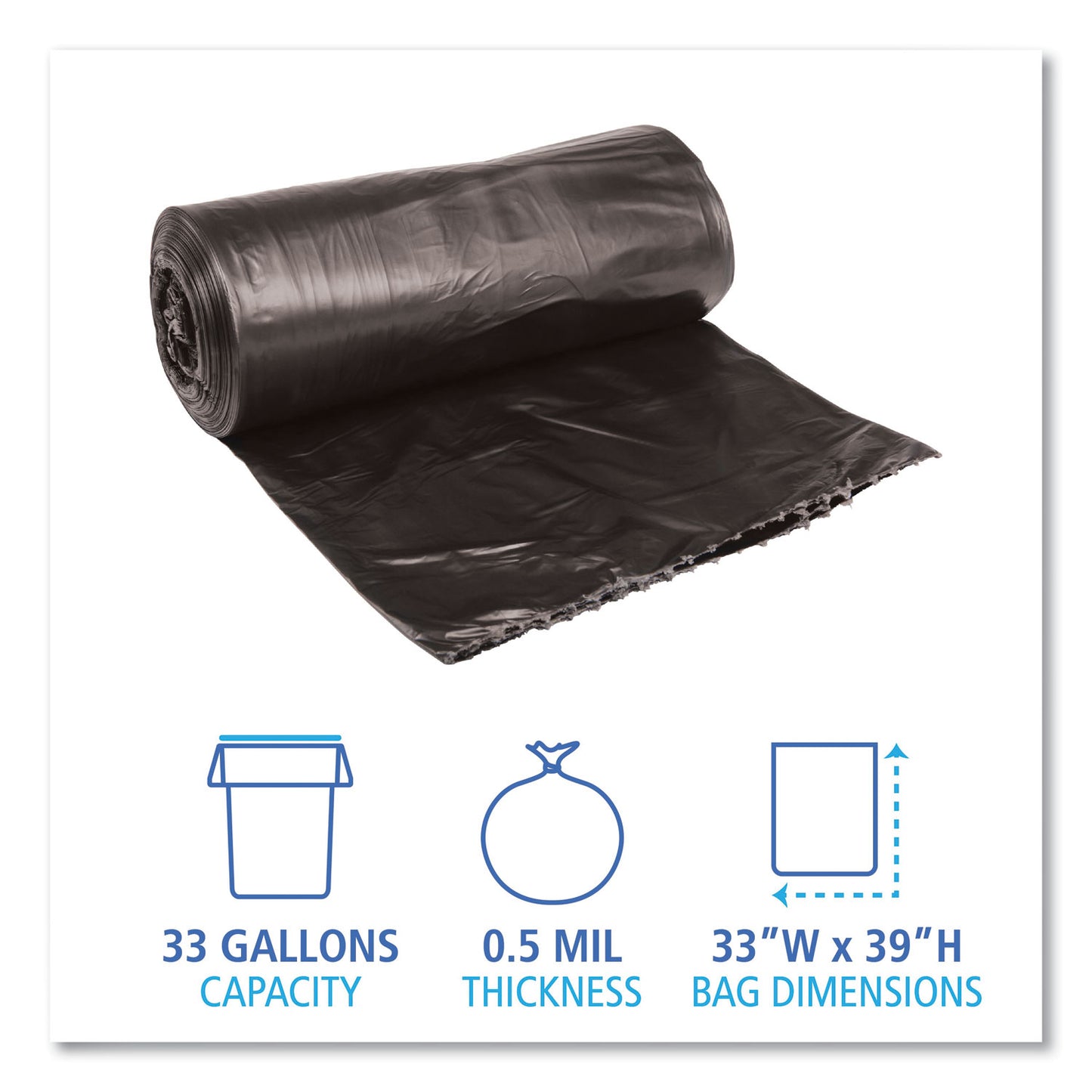 Boardwalk Low-Density Waste Can Liners, 33 gal, 0.5 mil, 33" x 39", Black, Perforated Roll, 25 Bags/Roll, 8 Rolls/Carton (3339H)