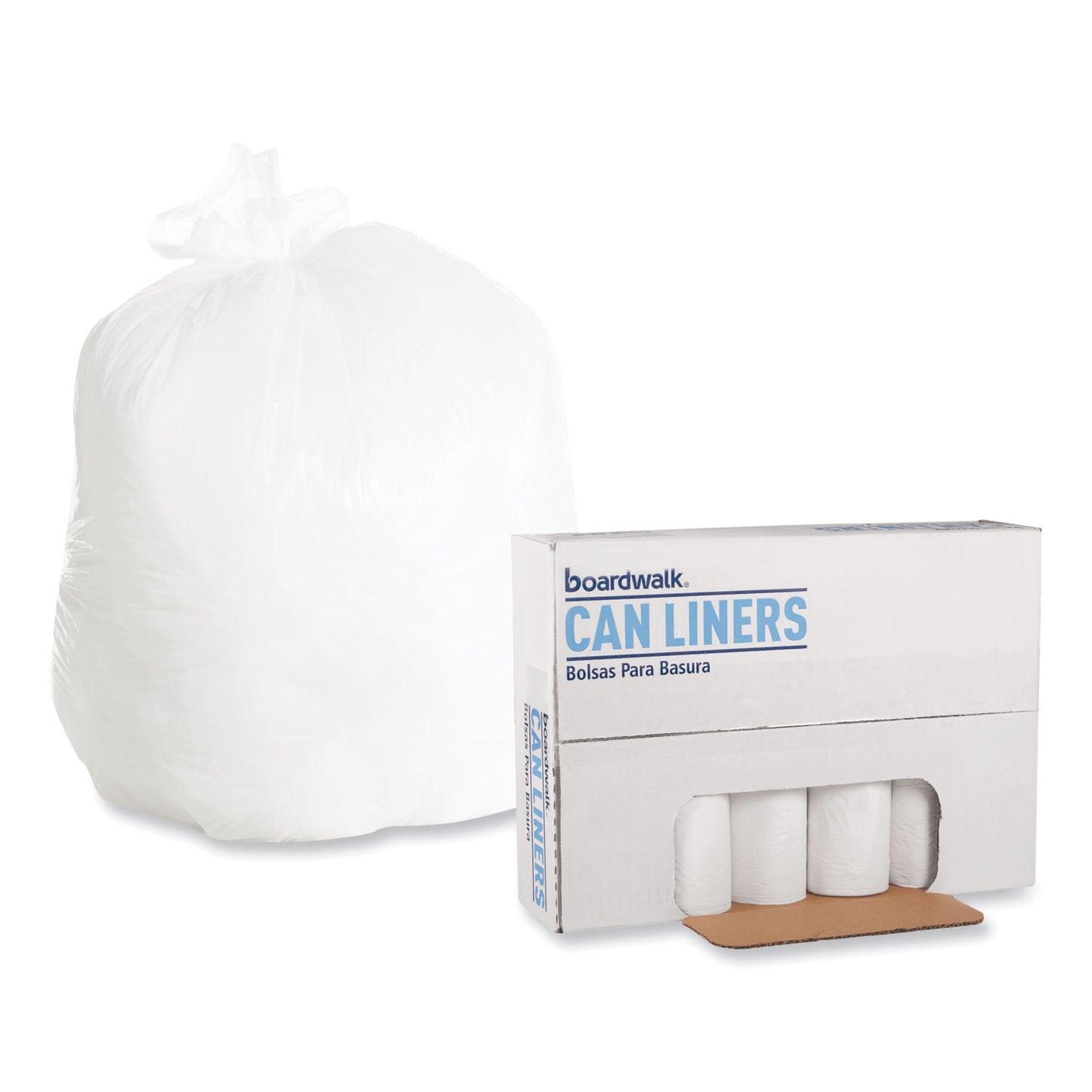 Boardwalk Low-Density Waste Can Liners, 30 gal, 0.6 mil, 30" x 36", White, Perforated Roll, 25 Bags/Roll, 8 Rolls/Carton (3036EXH)