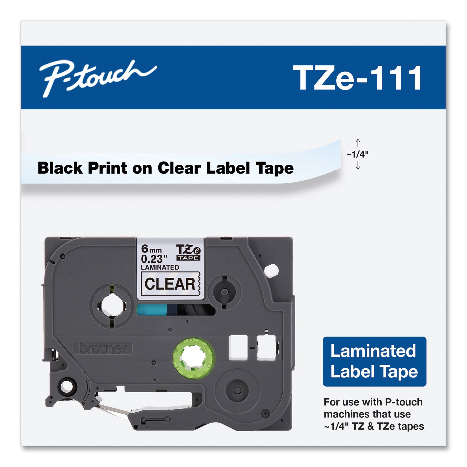 Brother TZe Standard Adhesive Laminated Labeling Tape, 0.23" x 26.2 ft, Black on Clear (TZE111)