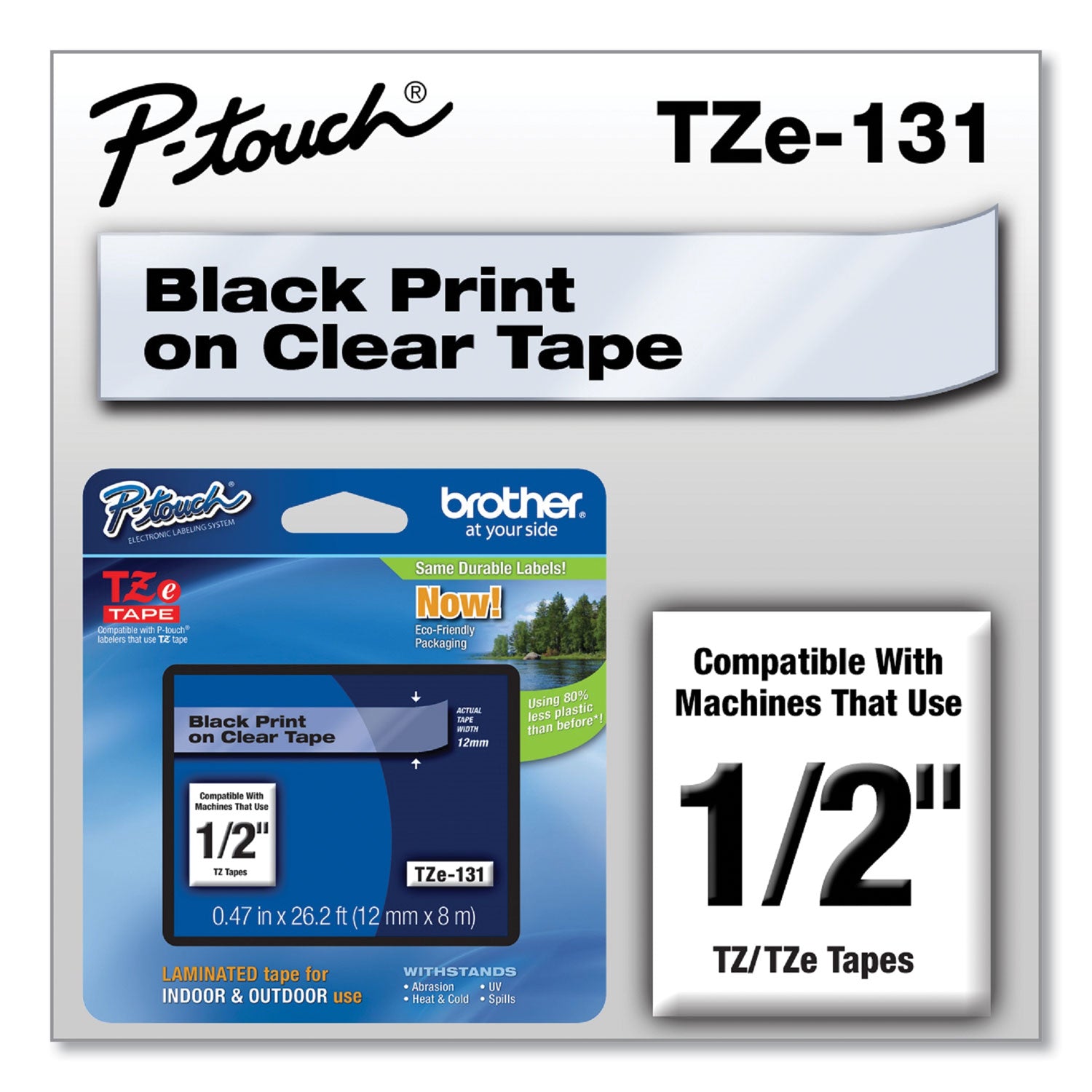 Brother TZe Standard Adhesive Laminated Labeling Tape, 0.47" x 26.2 ft, Black on Clear (TZE131)