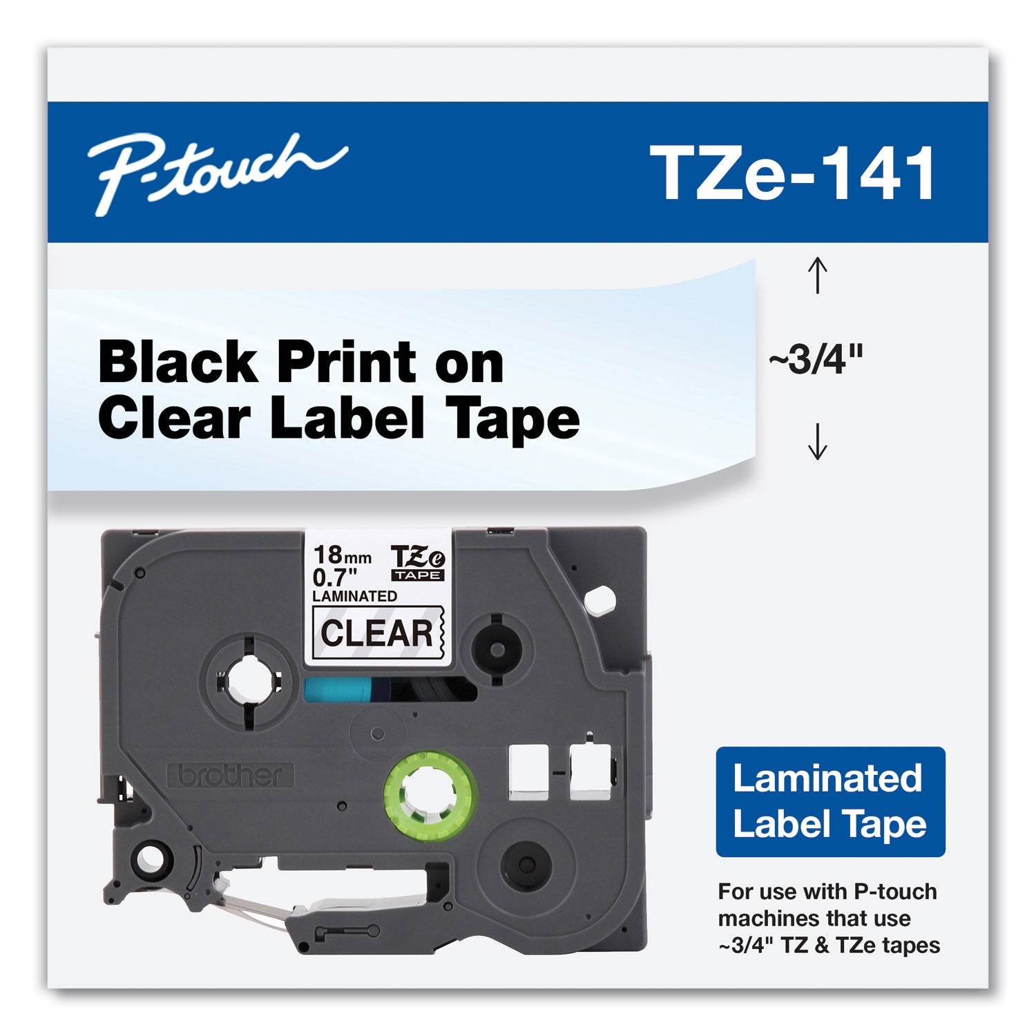 Brother TZe Standard Adhesive Laminated Labeling Tape, 0.7" x 26.2 ft, Black on Clear (TZE141)