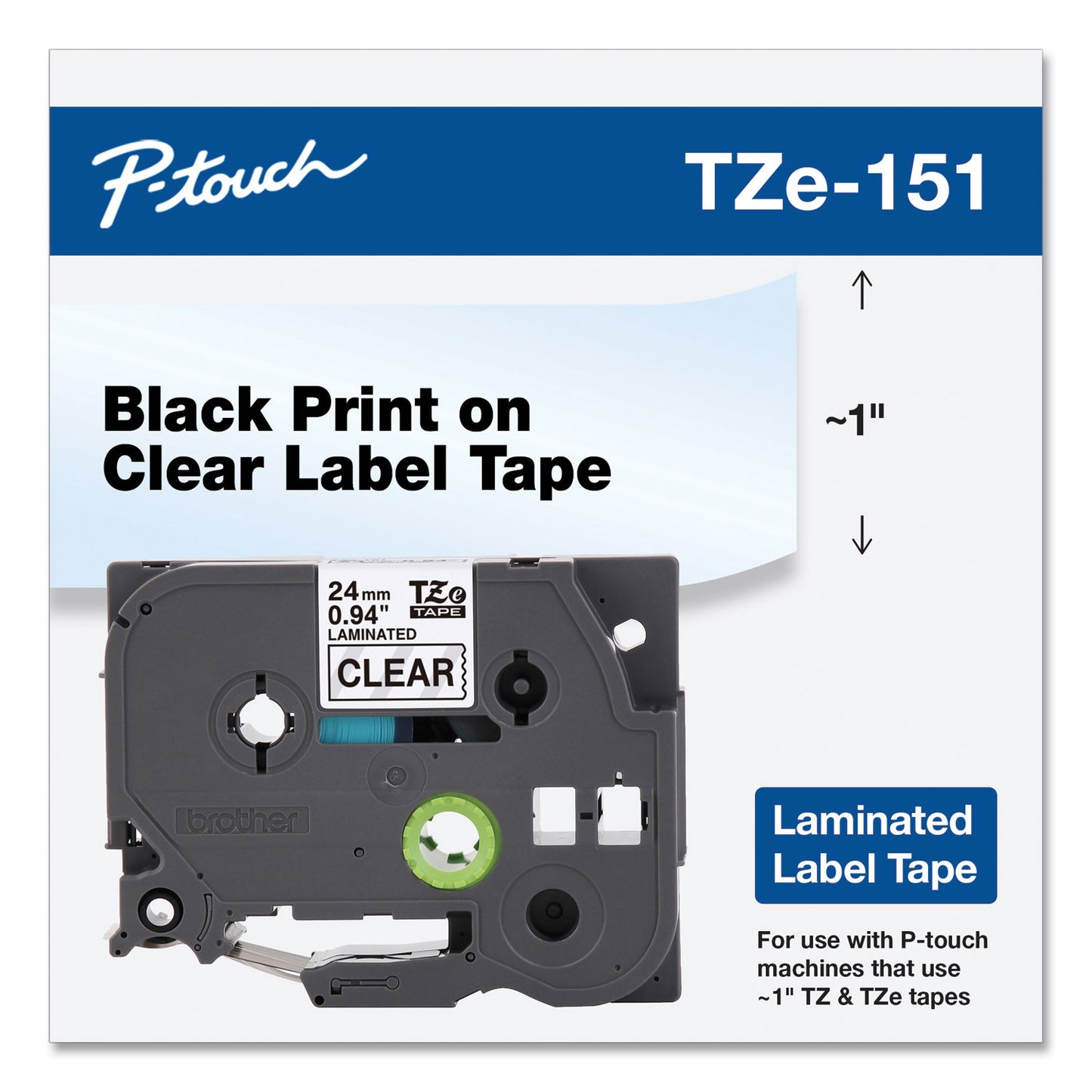 Brother TZe Standard Adhesive Laminated Labeling Tape, 0.94" x 26.2 ft, Black on Clear (TZE151)