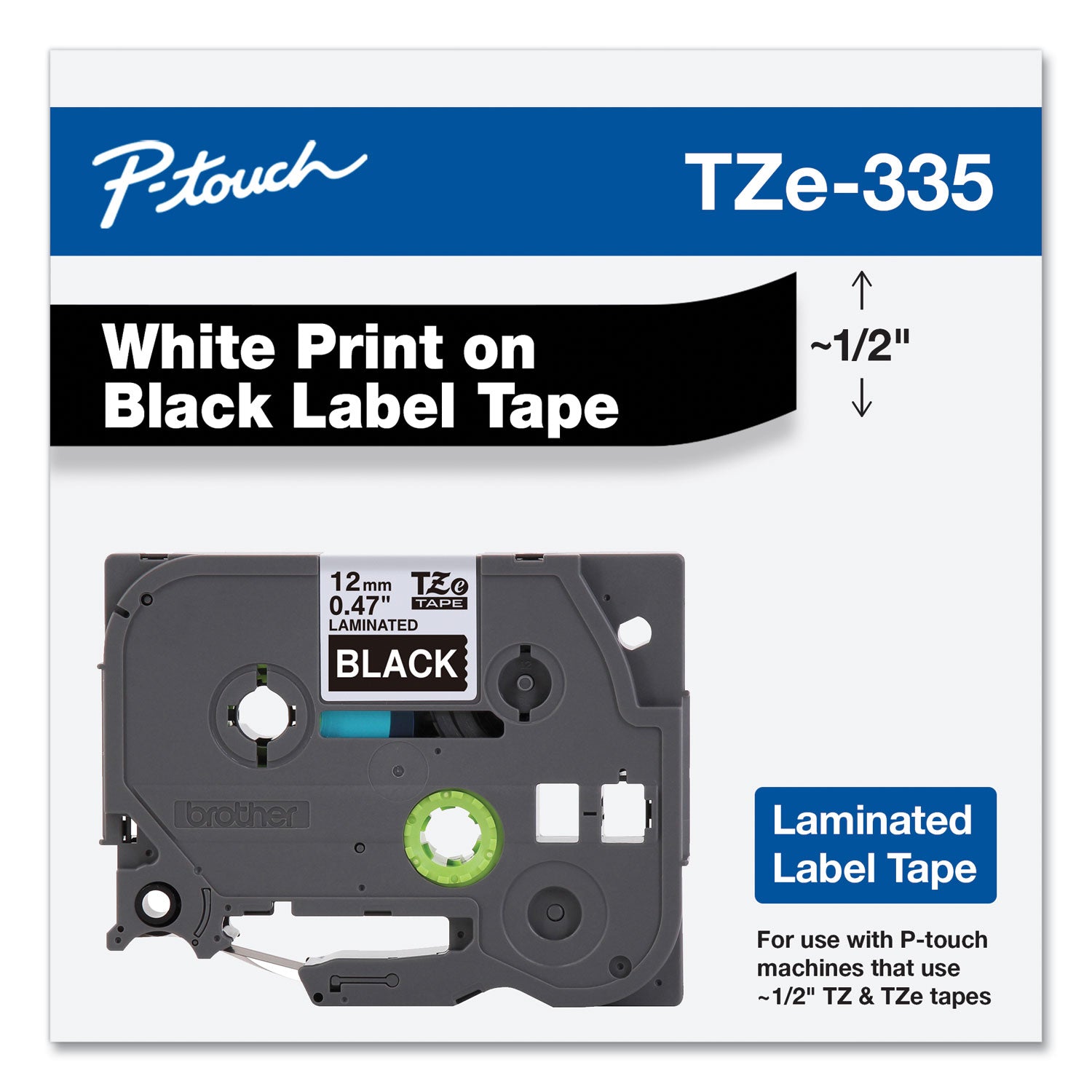 Brother TZe Standard Adhesive Laminated Labeling Tape, 0.47" x 26.2 ft, White on Black (TZE335)