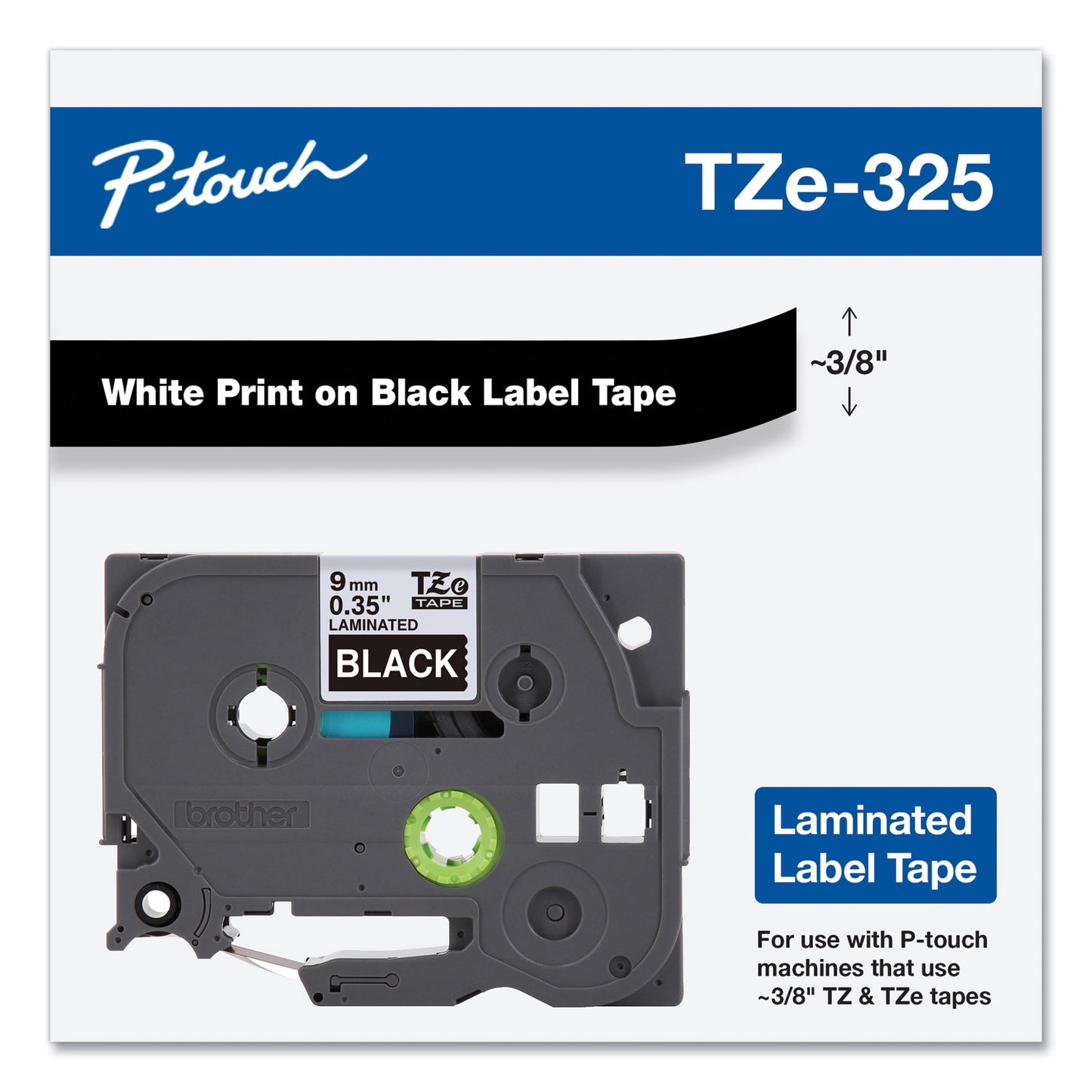 Brother TZe Standard Adhesive Laminated Labeling Tape, 0.35" x 26.2 ft, White on Black (TZE325)