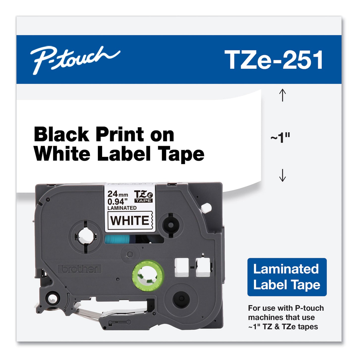 Brother TZe Standard Adhesive Laminated Labeling Tape, 0.94" x 26.2 ft, Black on White (TZE251)