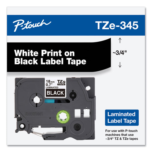 Brother TZe Standard Adhesive Laminated Labeling Tape, 0.7" x 26.2 ft, White on Black (TZE345)